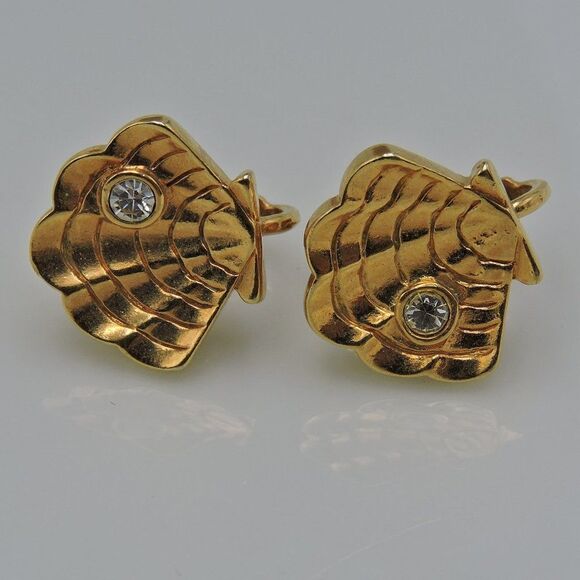 Vintage Gold Shell & Rhinestone Clip On Earrings - Picture 8 of 11